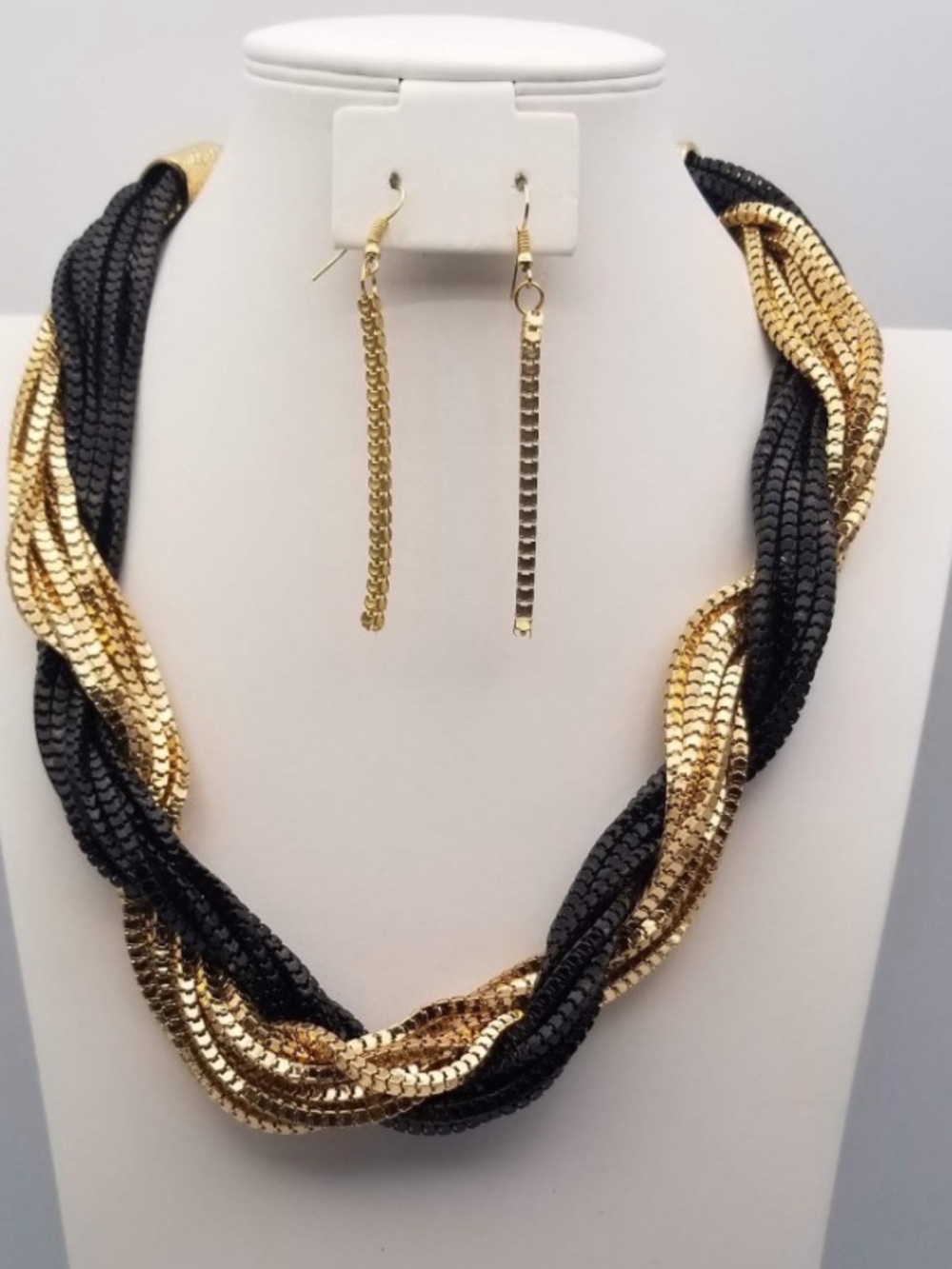 Black and Gold Twisted Statement Necklace with Dangle Earrings